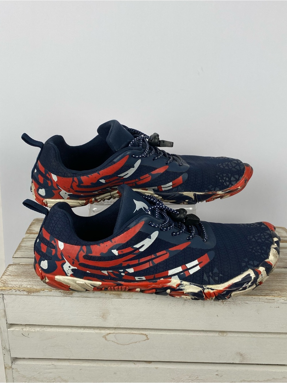 Reel Legends men's water shoes in a red, white, and blue patriotic design size 8